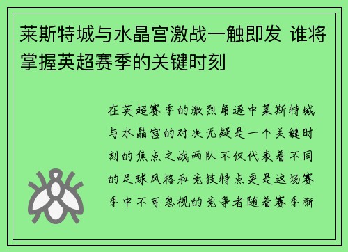 莱斯特城与水晶宫激战一触即发 谁将掌握英超赛季的关键时刻