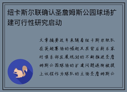 纽卡斯尔联确认圣詹姆斯公园球场扩建可行性研究启动
